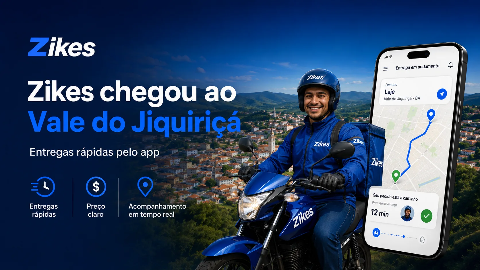 Campanha de lançamento da Zikes no Vale do Jiquiriçá com entregador de moto