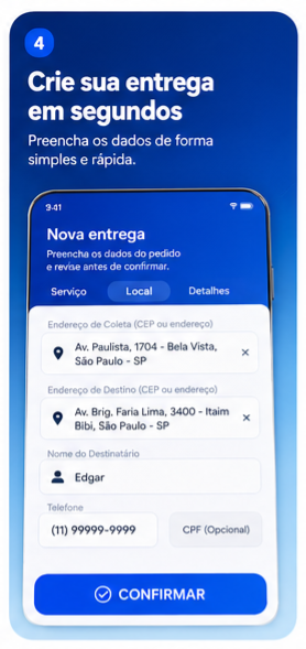 Tela para criar entrega no app ZIKES