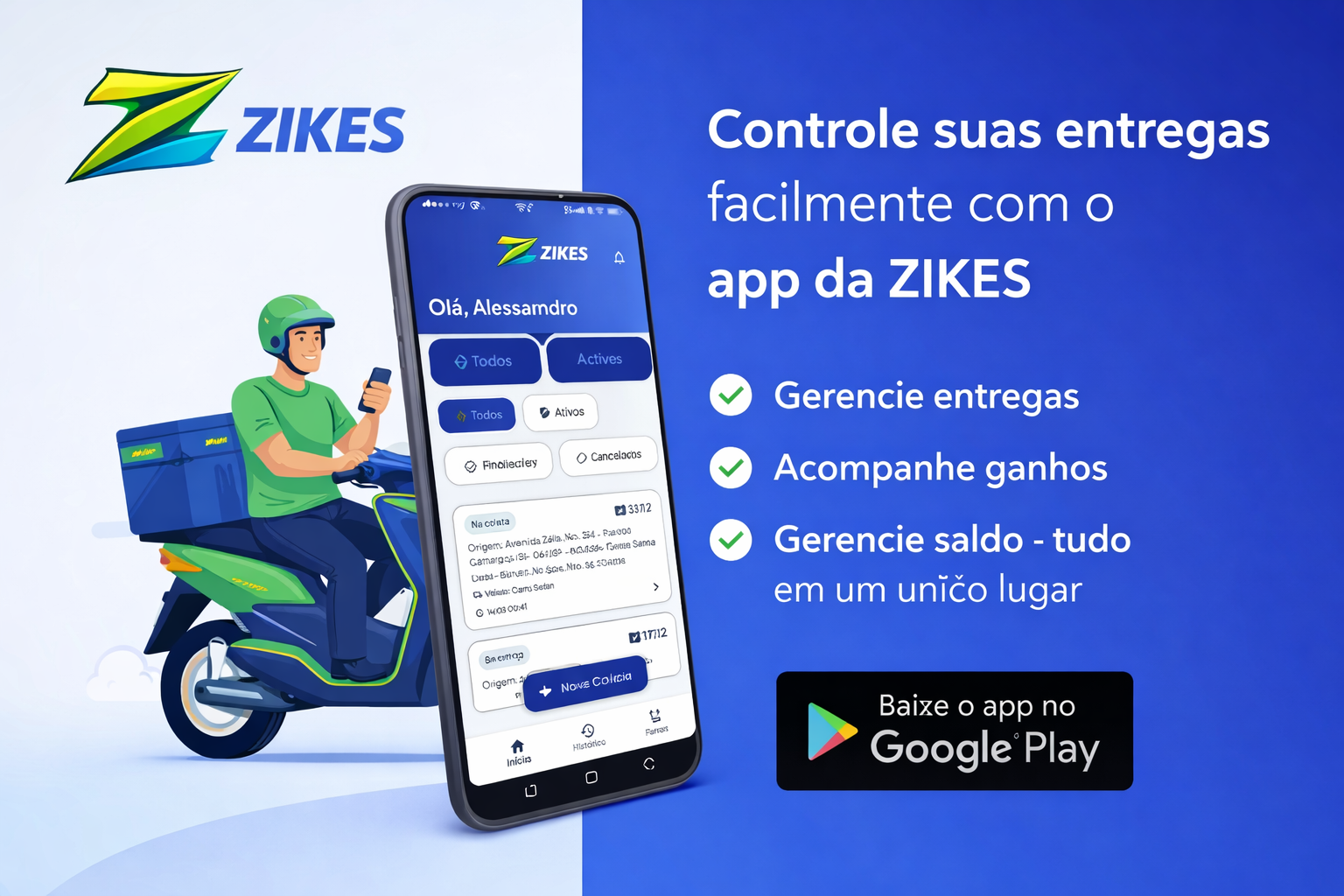 Banner do app Zikes com smartphone e chamada para acompanhar entregas