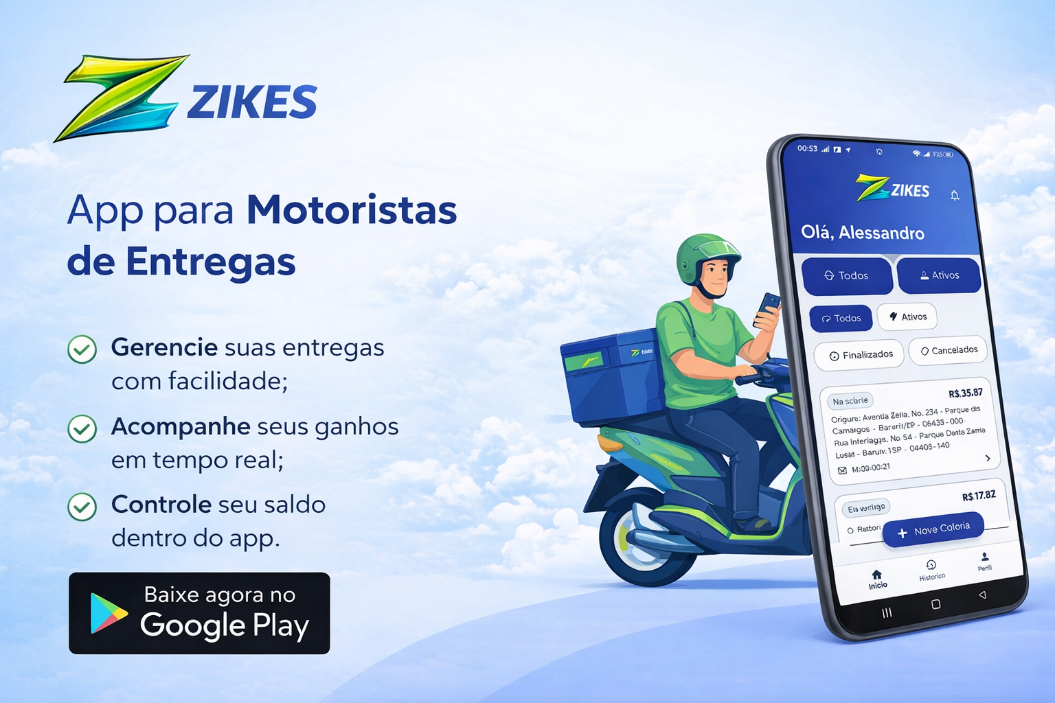 Banner promocional da Zikes com entregador, operação de carga e acompanhamento pelo celular