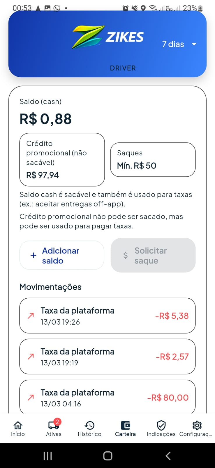 Tela do app Zikes com dados da entrega e lista de corridas ativas
