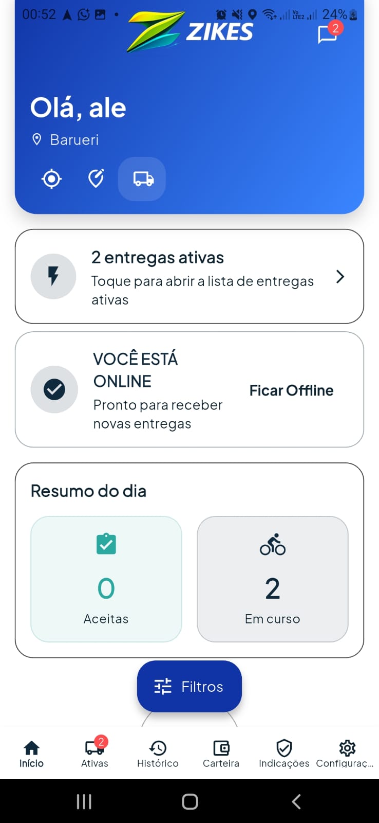 Tela inicial do app Zikes Driver com resumo operacional
