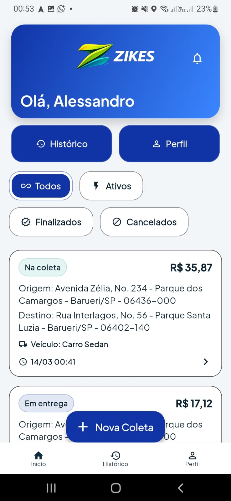 Tela de carteira do app Zikes Driver com saldo e movimentações